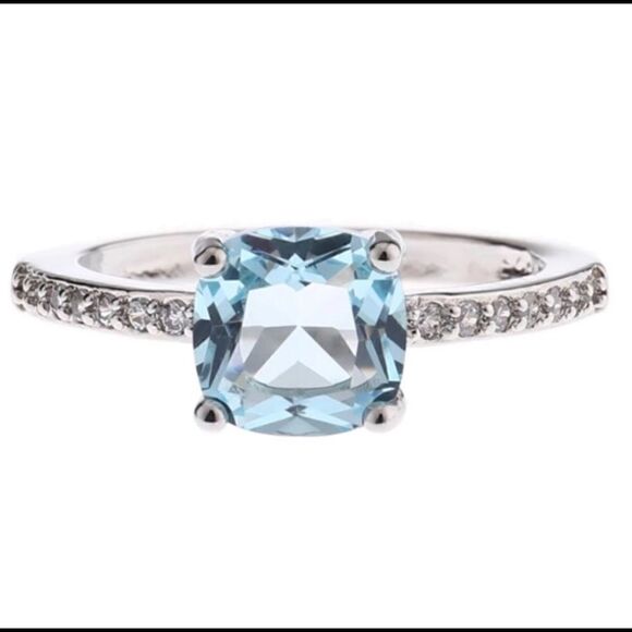 Delicate Sea Blue Cushion Diamond Ring - Picture 1 of 6